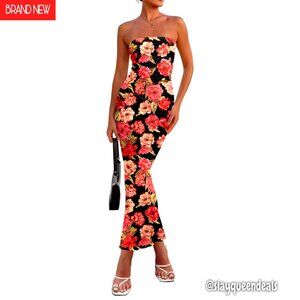 Strapless Bodycon Maxi Dress Floral Boho Ribbed Casual Party Summer